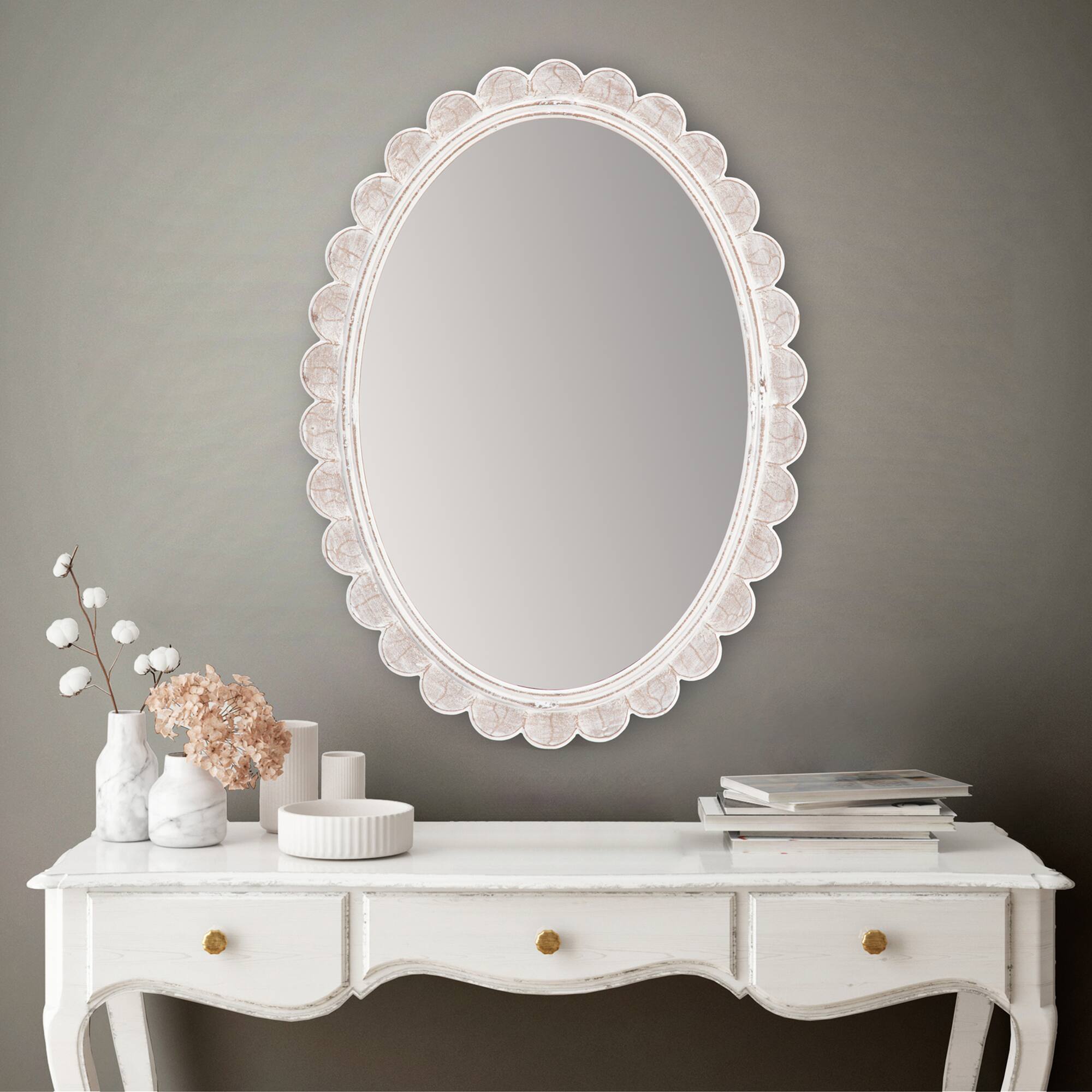 Habitat Carai 30" Distressed White Mirror with Scalloped Frame